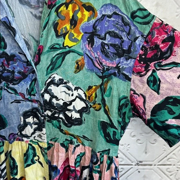 Vintage 80s Together Vibrant Floral mixed media button up short Sleeve Dress - Picture 4 of 6